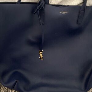 Saint Laurent Navy Leather Tote with Gold YSL Charm